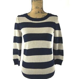 J Crew Sweater XS Black Beige Stripe Linen Blend Knit 3/4 Sl Crew Neck Nice